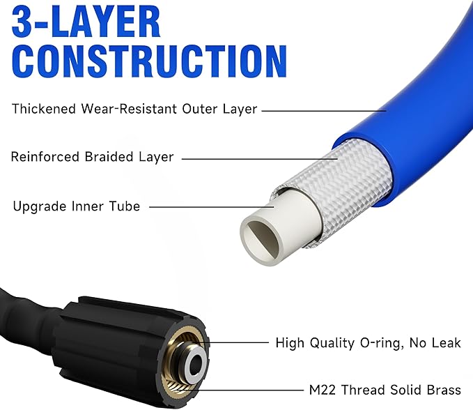 Pressure Washer Hose 25FT 1/4'' Kink Resistant 3600 PSI Power Washer Hose Extension with Leak-Free M22 Female and 3/8" Quick Connection Kit (25FT)