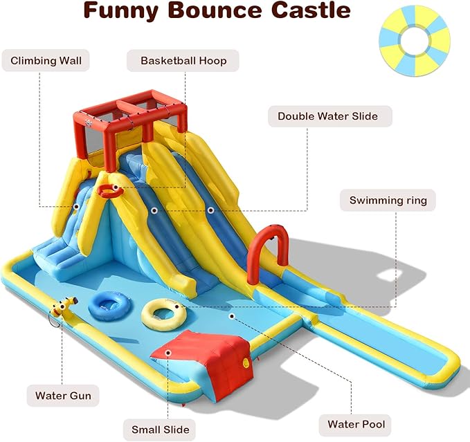 BOUNTECH Inflatable Water Slide, Dual Slides Kids Water Slide Park Jump Bouncy Castle w/2 Swimming Rings, Blower, Large Splash Pool, Backyard Outdoor Blow up Water Slides Inflatables for Big Kids