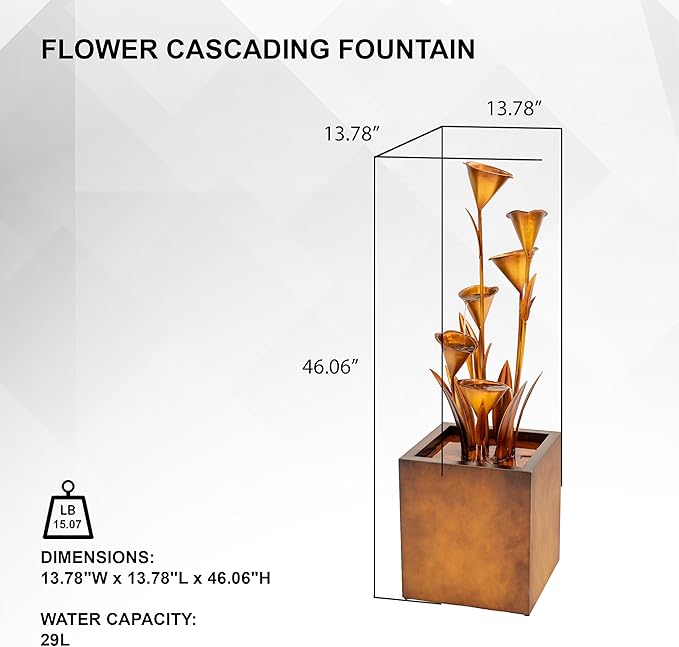 XBrand Metal Sculptural Multi-Tiered Flower Water Fountain, Bronze, 46" Tall