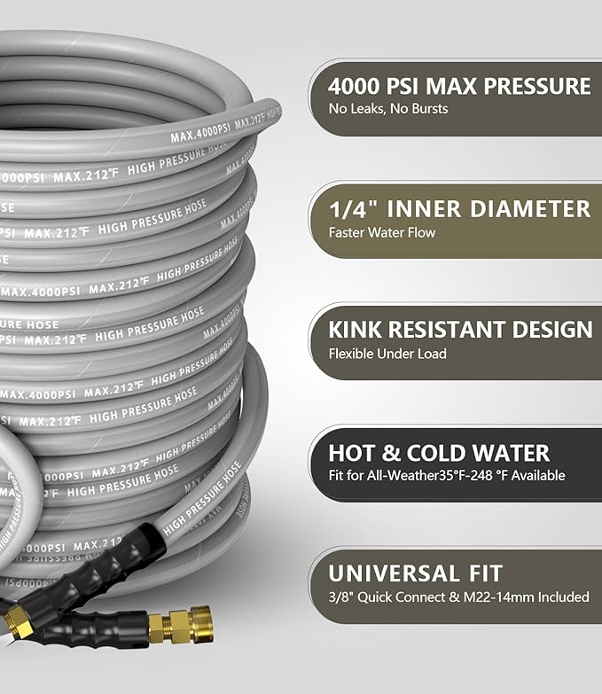 Pressure Washer Hose 150FT 4000 PSI, Kink Resistant Steel Braided Layer & NonMarking Rubber for Hot/Cold Water, High Power Washer Hose With 3/8 Inch Quick Connect & M22 Fitting, Gray