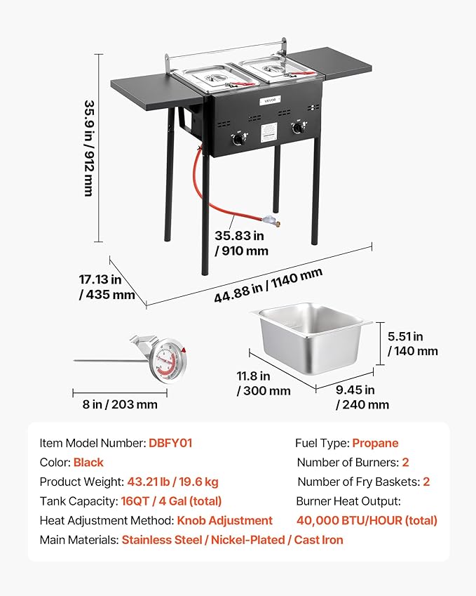 VEVOR Outdoor Propane Deep Fryer, Dual-Tank 8QTx2 Commercial Fryer, Stainless Steel Cooker with Foldable Platform, Dual Basket, and Heat Adjustment, Floor Standing Fryers for Restaurant Home Snack Bar