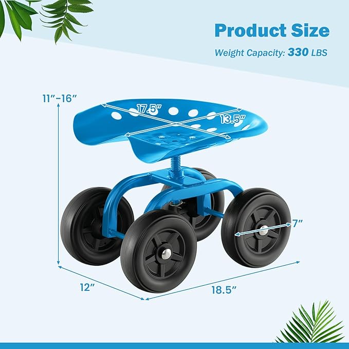 LDAILY Garden Seat with Wheels, Heavy-Duty Utility Stool Cart with Adjustable 11"-16" Height & 360° Rotatable, Rolling Garden Cart with Seat for Lawn Planting, Yard Work, Patio Gardening (Blue)