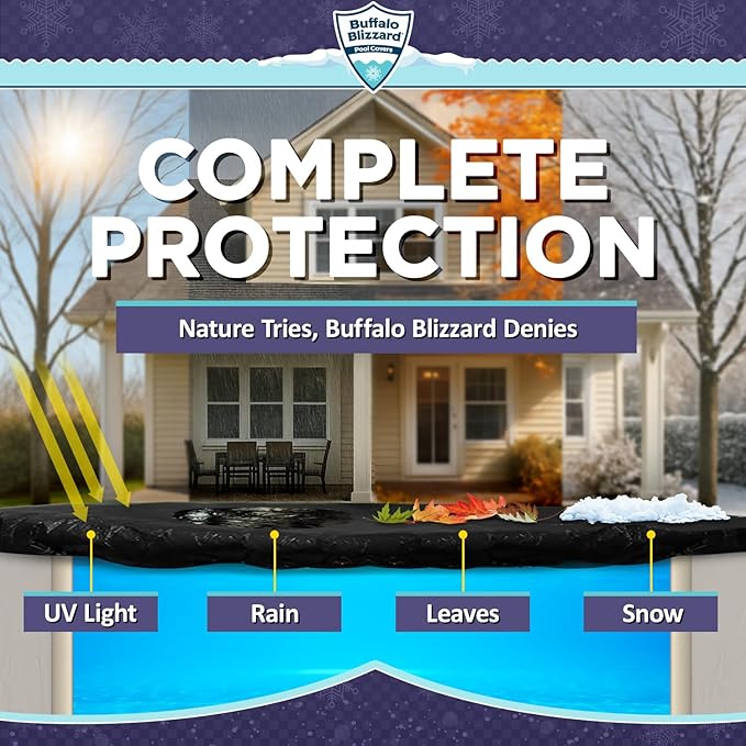 Buffalo Blizzard Deluxe Winter Cover for 14 ft x 28 ft Rectangle Inground or Above Ground Swimming Pools | Blue/Black Reversible | 5-Foot Additional Material