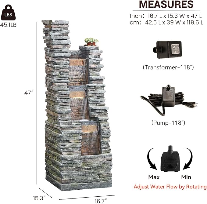 47" H Garden Water Fountain Outdoor with LED Lights & Pump, 3-Tier Cascading Outdoor Fountain for Garden,Patio,Porch,Backyard,Home Art Decor (Gray)