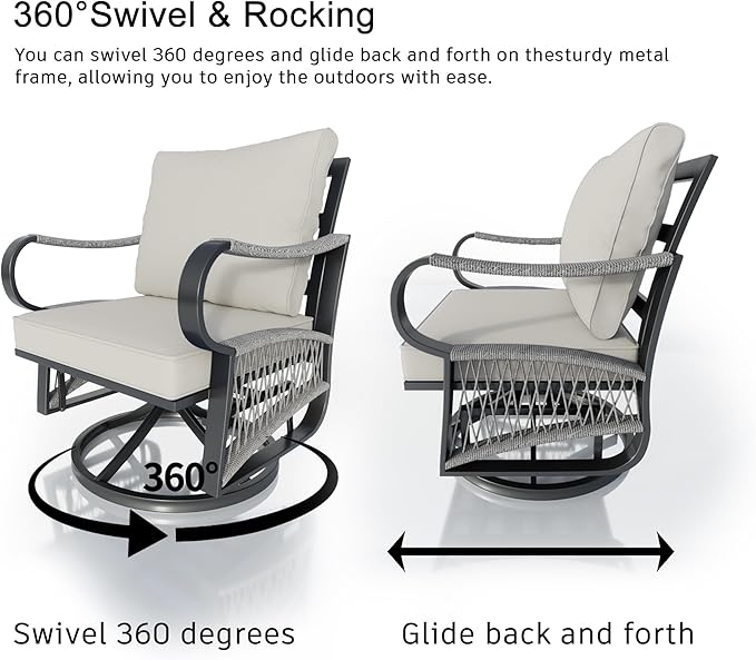 5 Pieces Outdoor Patio Conversation Sets with All Weather Cushions, Metal 3-Seater, 2 Swivel Rockers, 1 Side Tables, 1 Fire Pit Table for Backyard Deck Porch Poolside, Beige