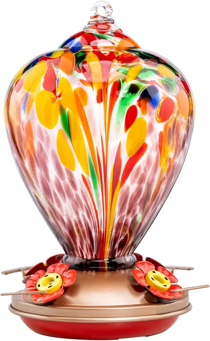 Muse Garden Hummingbird Feeders for Outdoors Hanging, Blown Glass Hummingbird Feeder, Humming Bird Gifts for Mom, Garden Decor for Outside, Unique Gifts Idea for Women, 34OZ, Purple Tulips
