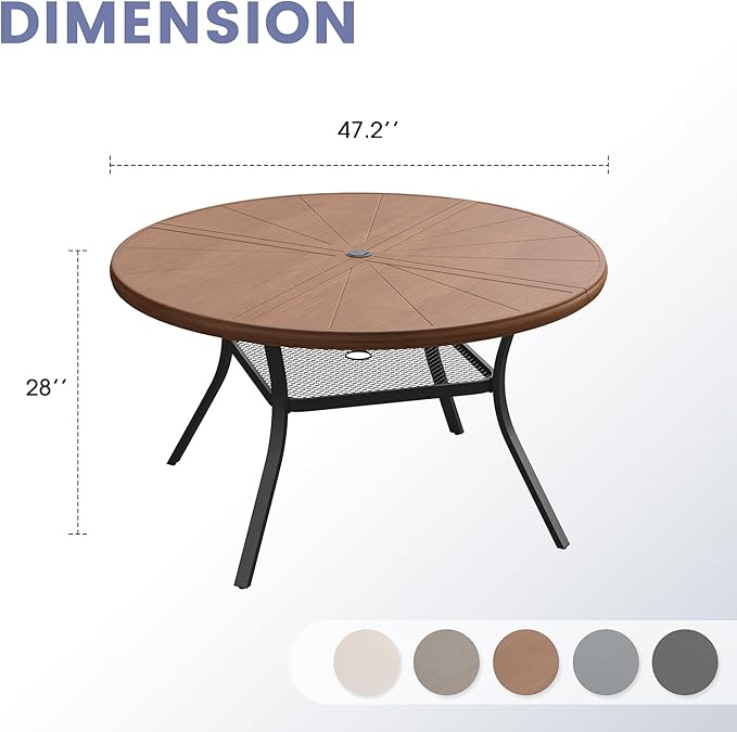 VICLLAX Outdoor Patio Round Dining Table, 47.2"x 47.2" Aluminum Tabletop with Storage Shelf for Deck Lawn Garden Backyard, Walnut