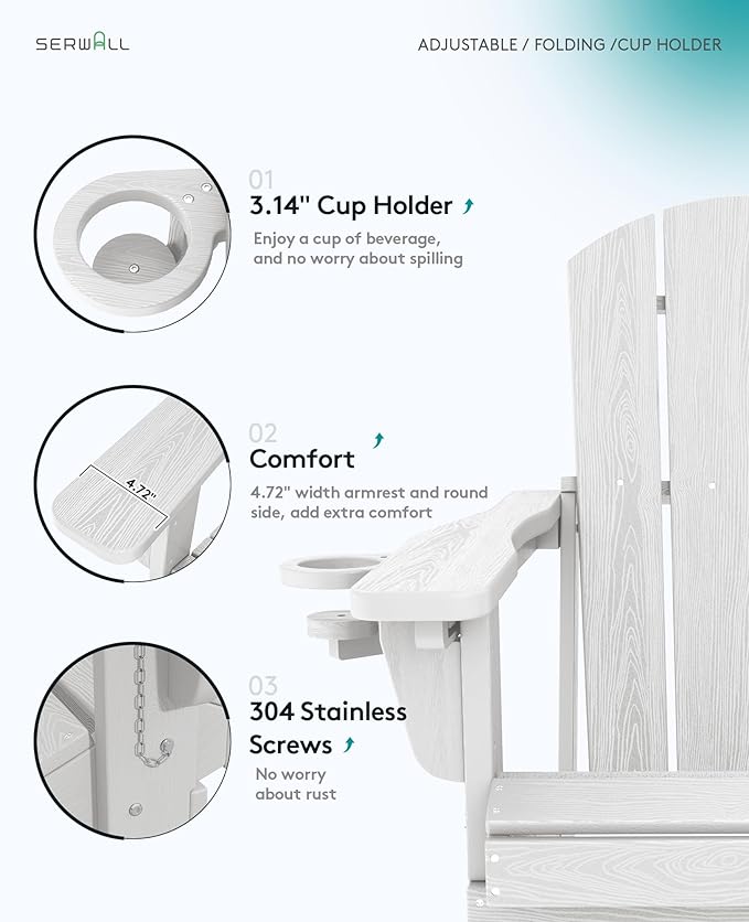 SERWALL Folding Adirondack Chair, Adirondack Outdoor Chair with Cup Holder, Adjustable Adirondack Chair with 3 Recline Positions, All Weather HDPE Outdoor Adirondack, White