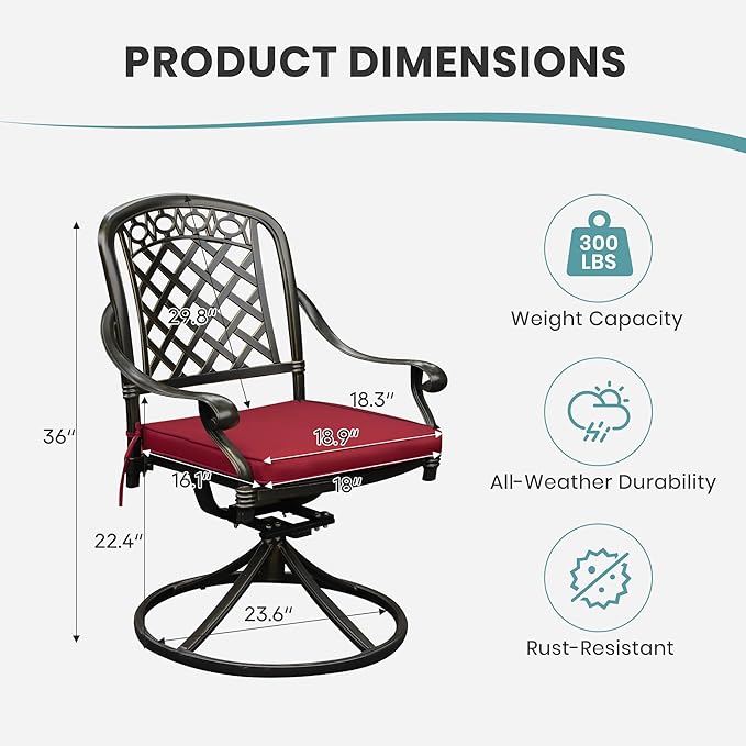 Set of 4 Cast Aluminum Patio Chairs with Cushions, All-Weather Aluminum Outdoor Swivel Chairs, Metal Outdoor Rocking Chairs for Backyard, Poolside and Bistro (Red, 4 Pieces)