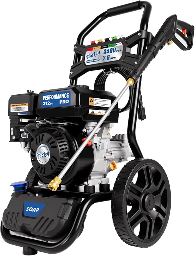 TOOLCY 3400 PSI Gas Pressure Washer, High-Performance 212cc OHV Engine, Reinforced Pump. Onboard Soap Tank, 30FT Hose, Spray Gun & 5 Nozzles, Max 2.8 GPM, Great for