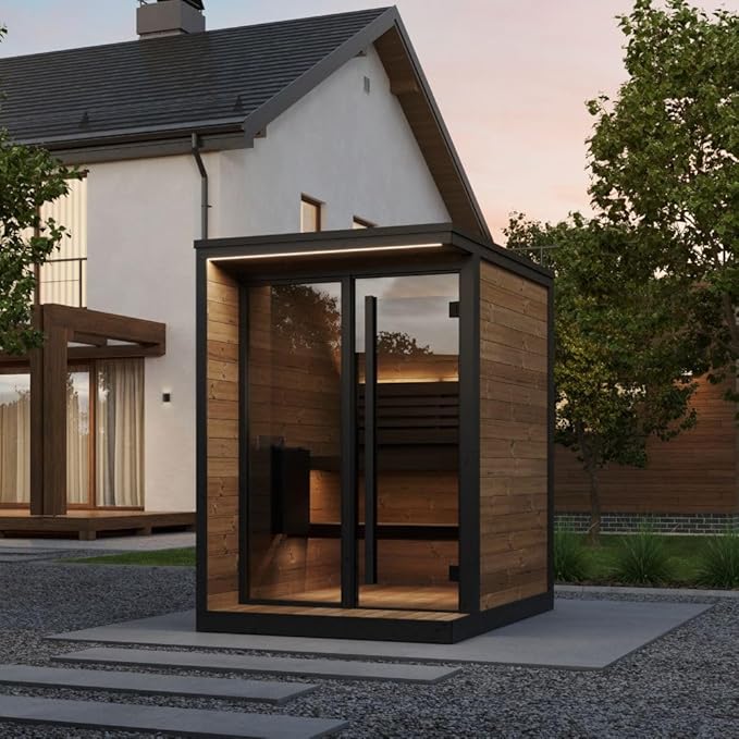 GL4 Outdoor Sauna Kit, Garden Luxury-Series Outdoor DIY Sauna Kit, Thermo-Spruce, up to 4 Persons Bundles (Sauna Heater and Sauna Stones Included) (HIVE MINI 6 WiFi - Gold)