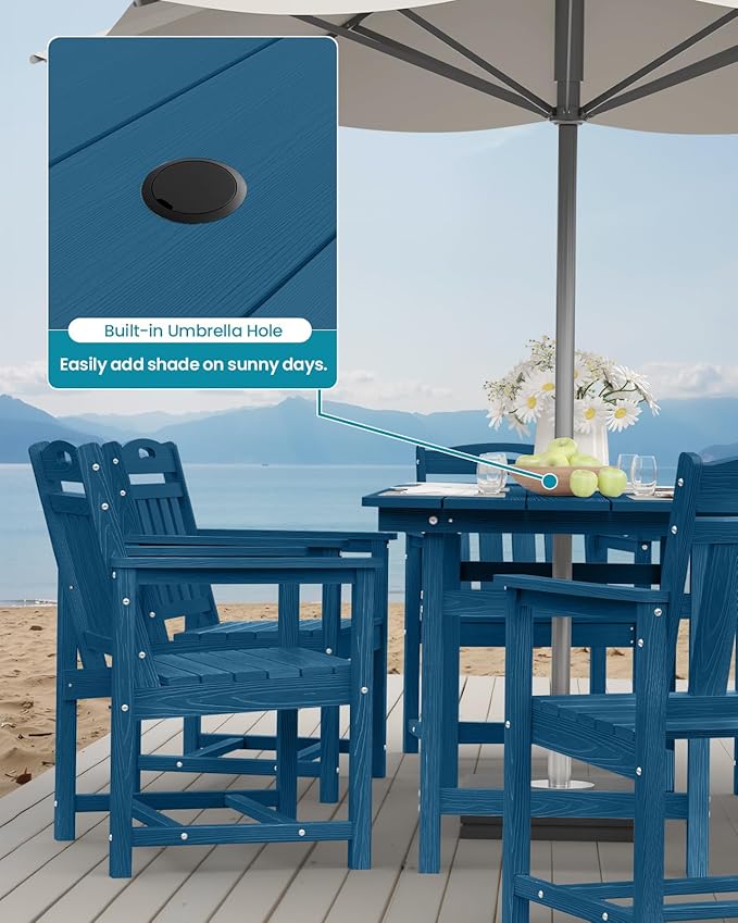 Ciokea HDPE Outdoor Dining Set 7-Piece Patio Table and Chairs with Umbrella Hole, All-Weather Patio Dining Set for 6, Durable Patio Furniture Set for Backyard, Garden, Lawn & Poolside, Navy Blue