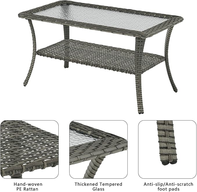 Outdoor Wicker Patio Furniture Set - 6 Piece Rattan Patio Conversation Set with 2 Rocking Swivel Chairs,2 Ottomans,1 Sofa and 1 Coffee Table for Porch Deck Backyard Garden(Mixed Grey/Blue)