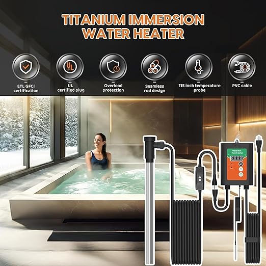 1500W Titanium Fully Submersible Portable Electric Immersion Large Pool & Hot Tub Water Heater with LCD Thermostat & GFCI Leakage Protection, Ideal for Baptistry, Bathtub, Bucket, Swimming Pool (GO)