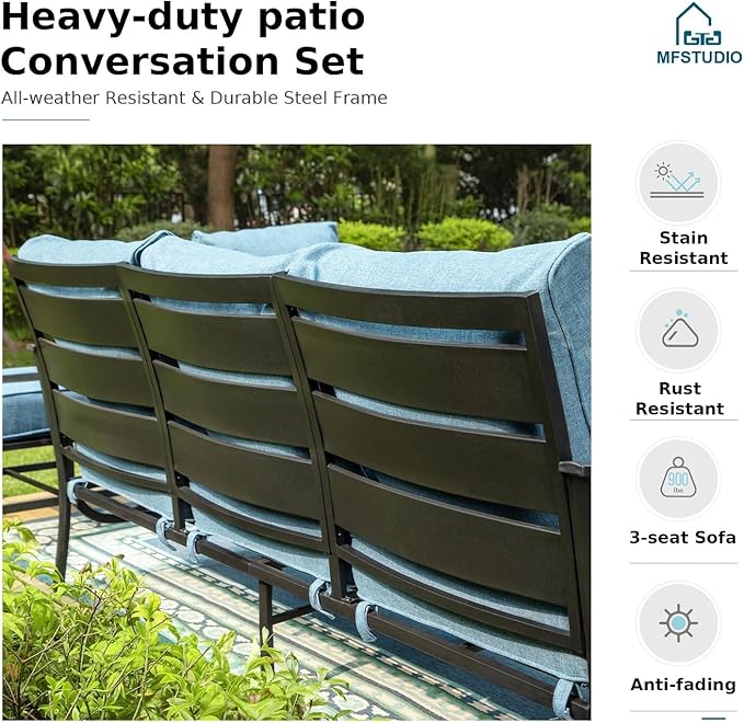 MFSTUDIO 5 Pieces Patio Conversation Sets, 7 Seats Metal Patio Furniture Sets with 1 x 3-Seat Sofa, 2 x Sofa Chairs, 2 x Ottoman, All Weather Steel Patio Sets with 5.75inch Navy Cushion for Garden