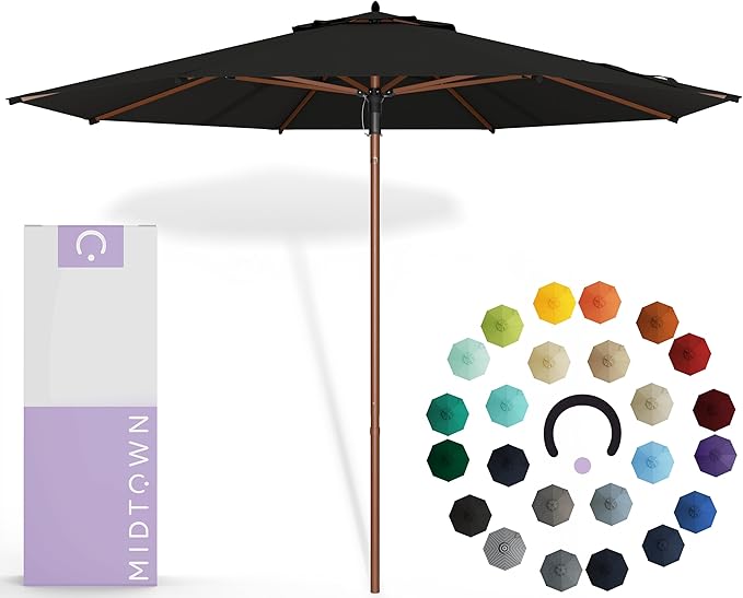 Midtown Umbrellas The Wooden 8 Feet Patio Umbrella With Sunbrella Black Acrylic Fabric - Aluminum Frame Market Umbrella For Backyard, Deck, Garden, Pool - Wooden Pole