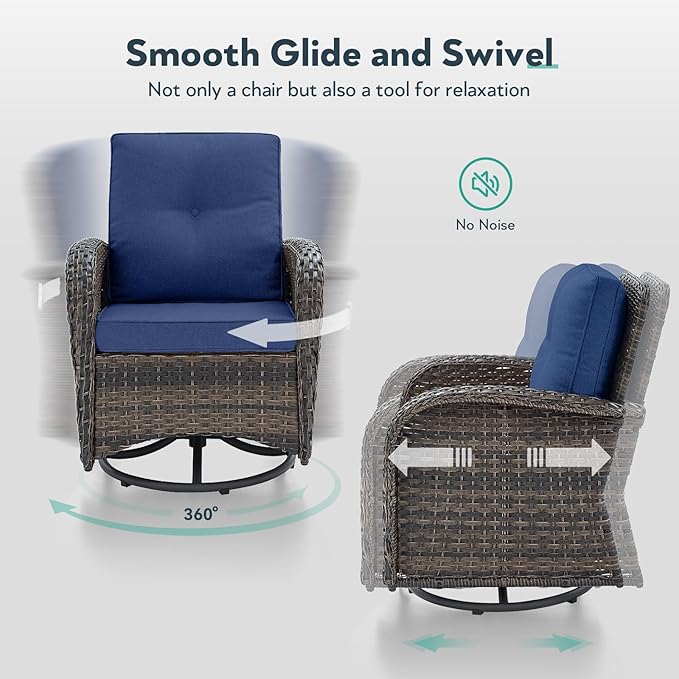 5 Piece Patio Furniture Set - Wicker Patio Conversation Set with Swivel Glider, Glider Loveseat, Tempered Glass Side Table and Coffee Table for Deck Backyard - Brown Wicker Blue Cushion
