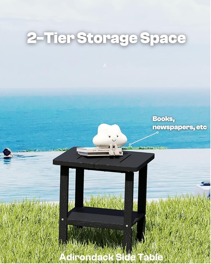 Kingdura Adirondack Outdoor Side Table, 16 x 13 Inches HDPE Plastic Outside End Tables for Patio Pool Porch Backyard Indoor, 2 Tiers Storage Shelf, All Weather Resistant, Easy Maintenance