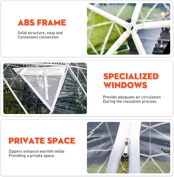 12FT Garden Dome Tent, Geodesic Dome Greenhouse with PVC Clear Cover, Waterproof Garden Bubble Dome Tent House with 2 x 10M Light Strings for Outdoor, Patio, Backyard, Party (White Edge, 10FT/3M)