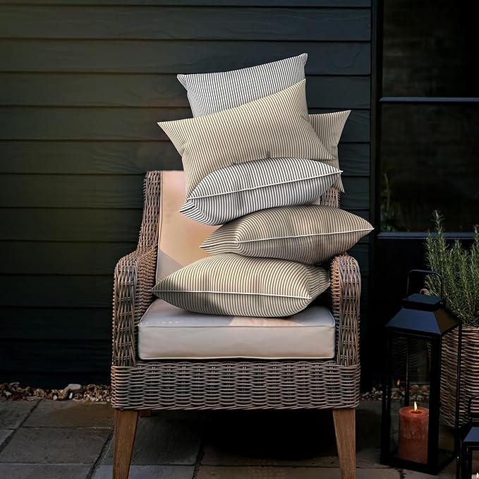 LVTXIII Set of 2 Patio Throw Pillows Waterproof 18"x18" Fade Resistant Outdoor Throw Pillows with Inserts, Fluffy Decorative Garden Toss Pillow Cushions for Home Patio Coach Sofa Use, Strip Beige
