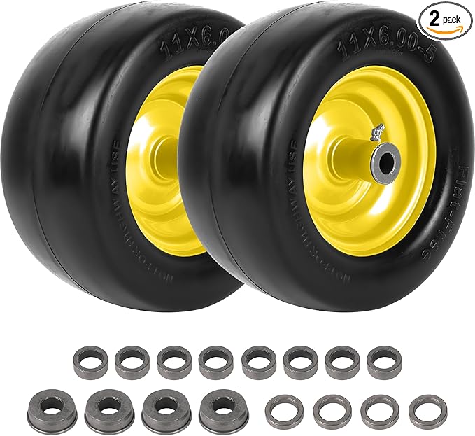 AR-PRO 11x6.00-5 Flat Free Tire and Wheel - Relacement 11x6-5 Solid Rubbe Riding Lawn Mower Tire with Rim, 5.9"-8.1" Centered Hub and 3/4" Bushings - Fit Most Zero Turn Mowers (2-Pack)
