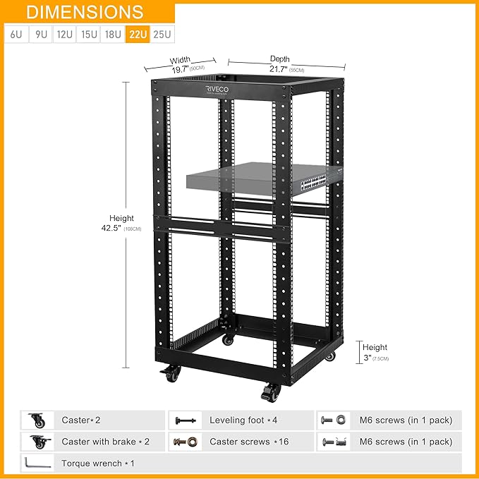 RIVECO 22U Open Frame Server Rack with Wheels- Heavy Duty 4 Post Quick Assembly 19-inch, Stereo Rack Rolling Network Shelf Black