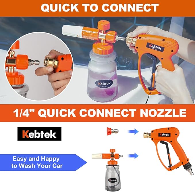Short Pressure Washer Gun with Swivel 5200 PSI，Power Washer Gun Compatible with Foam Cannon - Car Wash Foam Gun-1/4 Quick Connector, with Nozzle Tips (MRP-003-B-spray Gun+Foam Pot)