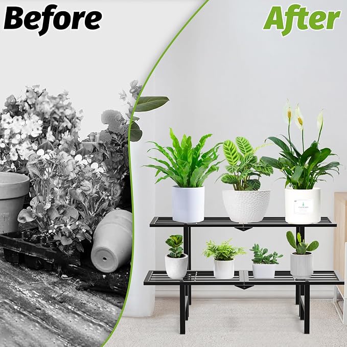 2 Tier Stackable Plant Stand Indoor Outdoor, Freestanding Tiered Folding Heavy Duty Metal Ladder Plant Shelf, Multiple Plant Pot Holder Display Rack for Living Room Garden Balcony Patio, Black