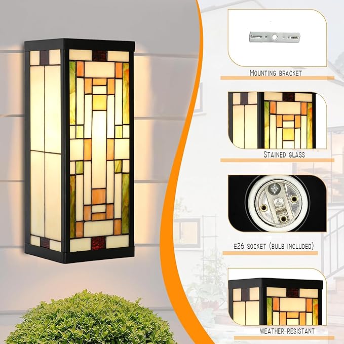 WL0005 Tiffany Style Rectangular Outdoor Wall Lights Stained Glass Corridor Wall Lamp Vintage Outdoor Balcony Aisle Hallway Wall Sconce Lighting,6" Wx 5.5" D x16 H, Bulb Included (Bricks)