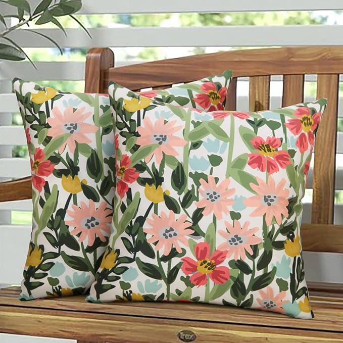 Pyonic Outdoor Pillows Cover Pack of 2 Floral Waterproof Throw Pillow Covers 18X18 inch Outdoor Pillows for Patio Furniture Garden Square Outside Waterproof Pillow