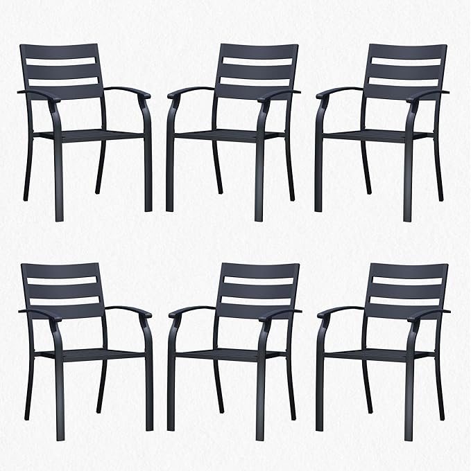 Patio Dining Chairs Set of 6, Black Stackable Outdoor Dining Chairs with Armrest and Wide Back, Wrought Iron Patio Furniture Chairs for Lawn, Backyard, Garden & Deck, Supports 300 LBS