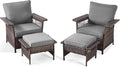 4 Pieces Wicker Patio Furniture Set - Hollow Widen Armrests Comfy Outdoor Rattan Chairs with Ottomans, Small Patio Convention Set for Balcony Porch Deck and Yard - Brown/Gray