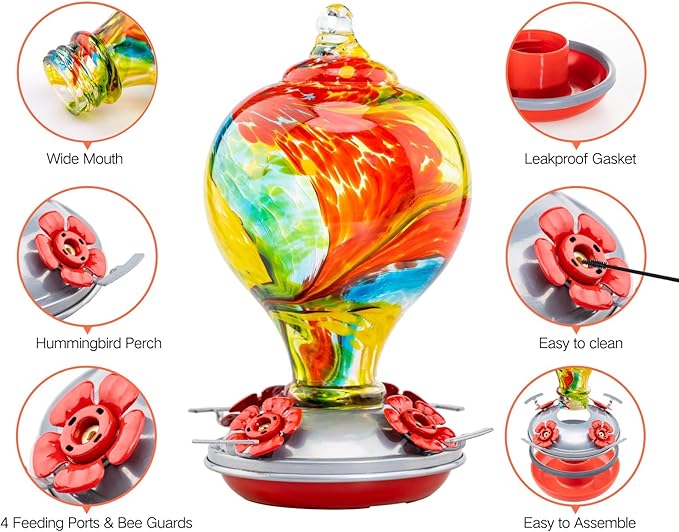 Muse Garden 32OZ Hummingbird Feeders Hanging, Blown Glass Hummingbird Feeder, Garden Backyard Decor, Carnival