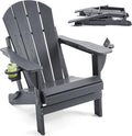 Folding Adirondack Chair, HDPE Outdoor Texture Lawn Chair with Reclining Back, Cup and Phone Holder - Comfortable Firepit Chair Weather Resistant for Patio or Backyard (Grey, Set of 1)