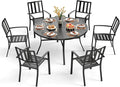 PHI VILLA 7 Pieces Outdoor Round Dining Set for 6, Wrought Iron Dining Table with Umbrella Hole & Stackable Metal Steel Chairs, Large Dining Furniture Set for Patio, Deck, Yard, Porch