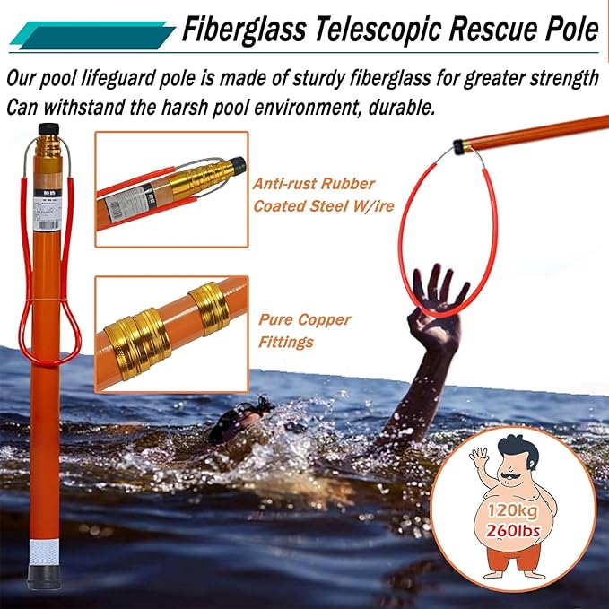 Telescopic Pool Rescue Hook with Pole, 16ft-30ft Adjustable Heavy Duty Pool Pole, Fibreglass Safety Hook Pools, Specialised Emergency Rescue Equipment for Drowning Victims (L:550cm/18ft)