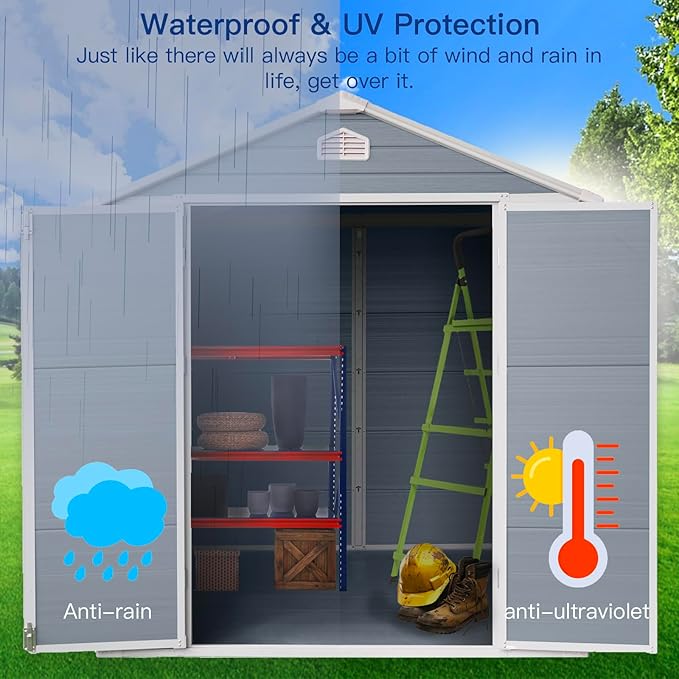 JT 6×8ft Resin Outdoor Storage Shed,Outdoor Storage Shed with Floor & Window to Store Patio Furniture, Garden Tools Bike Accessories, Beach Chairs and Lawn Mower. (6ft×8ft)