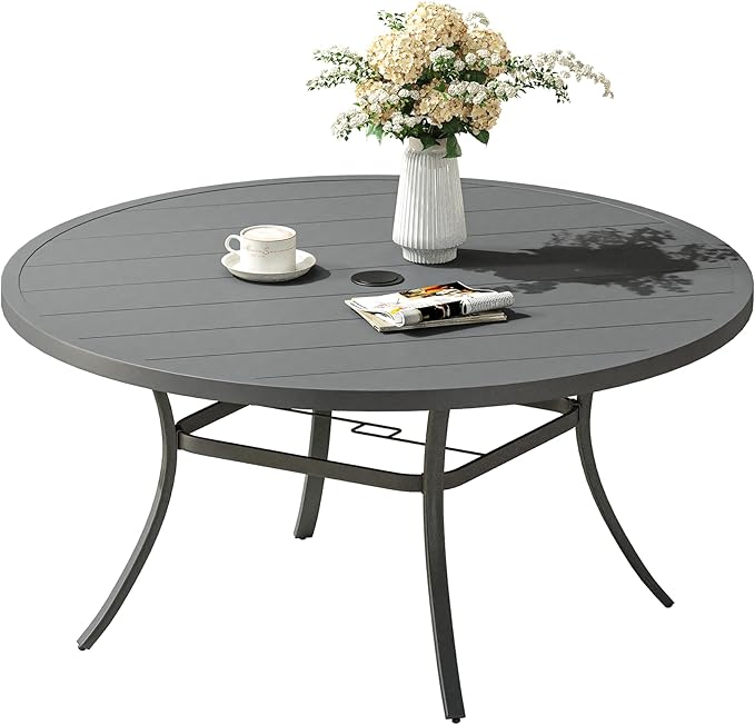 VICLLAX 53" Round Patio Dining Table for 6-8, Metal Outdoor Dining Table with Umbrella Hole for Garden, Patio, Balcony, Dark Grey