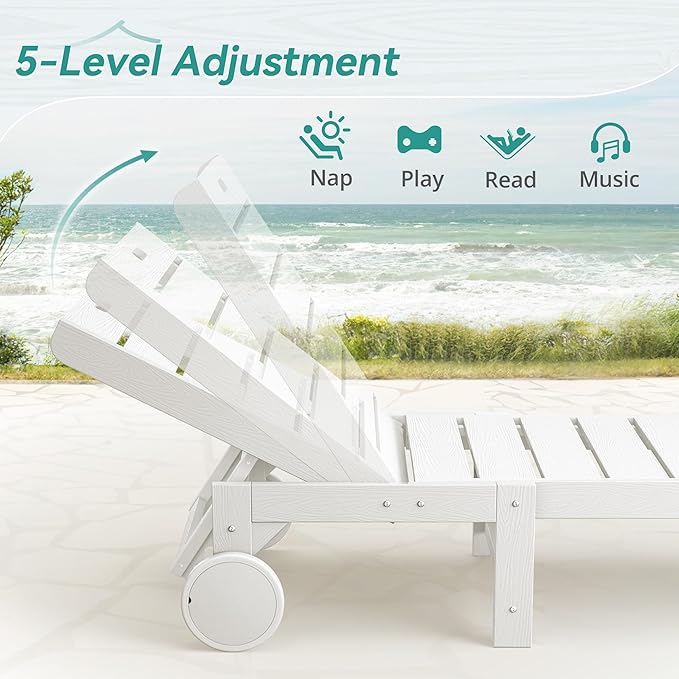 Outdoor Chaise Lounge Chairs with Table, 6-Piece, 26.8” Super Wide Lounge Chair Outdoor, HDPS Pool Chairs with 5 Positions, Patio Lounge Chair with Wheels for Pool,Lawn,Backyard, White