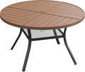 DIFY 47.2" Round Outdoor Patio Dining Table for 6, All-Weather Metal Steel Slatted Patio Table with 1.57" Adjustable Umbrella Hole, for Lawn Garden Porch Backyard, Walnut