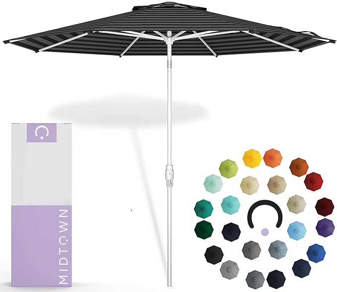 Midtown Umbrellas The Swilt 10 Feet Patio Umbrella in Sunbrella Black & White Acrylic Fabric - Fiberglass Ribs, Auto-Tilt Aluminum Frame For Backyard, Deck, Garden, Pool - White Pole