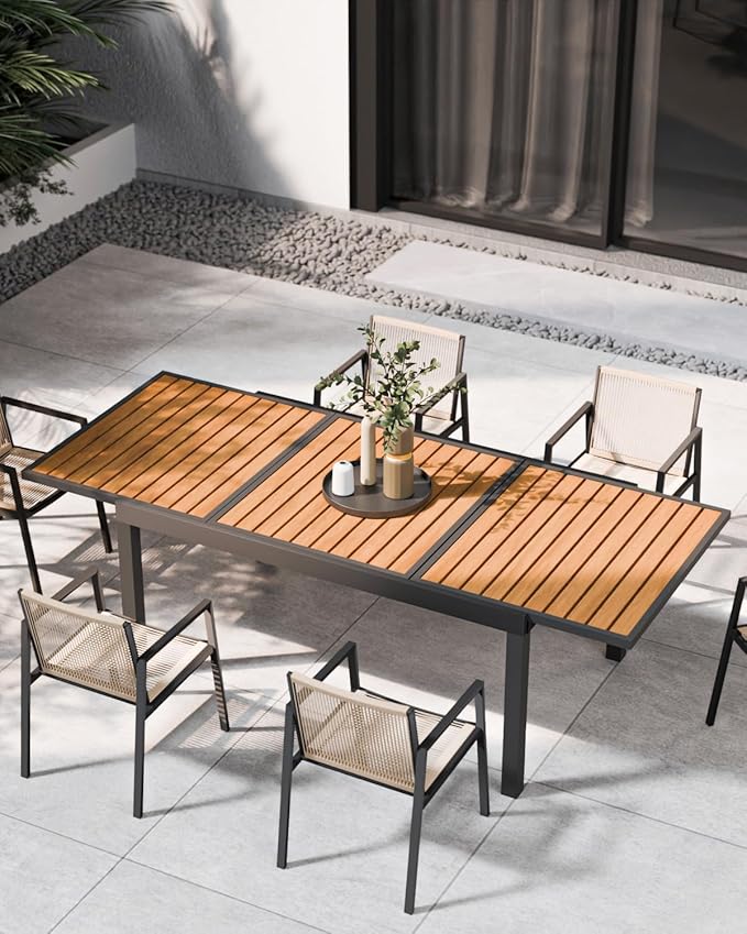 ZANDOR Expandable Outdoor Dining Set for 4-6-8,Patio Table and Chairs Set with Wood Top for Garden,Backyard,Porch,55"-82.7" Extendable Aluminum Outdoor Table Set with 8 Chairs,Grey