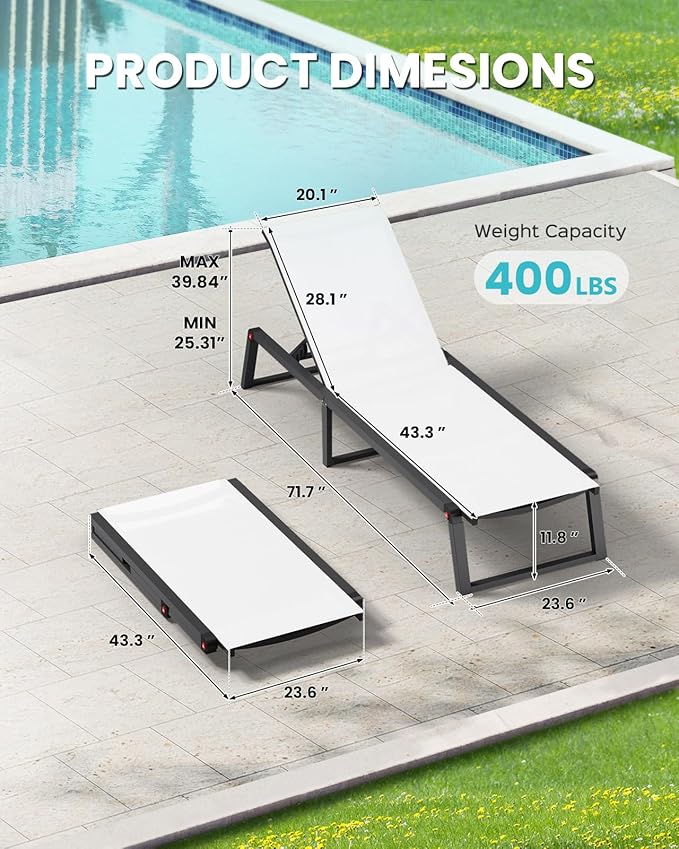 Aluminum Chaise Lounge Outdoor Set of 2, Foldable & Assembly Free Patio Pool Lounge Chairs 5-Position Recliner for Outside Poolside, Fully Grounded Legs Sun Lounger for Beach, Yard, White