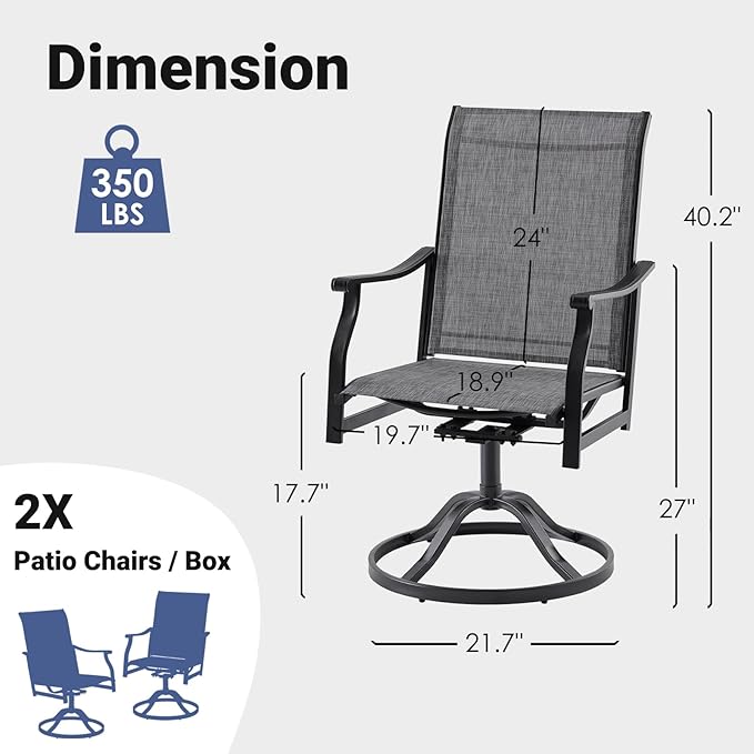 Soohow Outdoor Dining Chairs Set of 2, 360°Swivel Patio Dining Chair with Textilene Fabric, Outdoor Metal Armchair All Weather Resistant, Ergonomic Comfort, Perfect for Patio, Backyard, Balcony