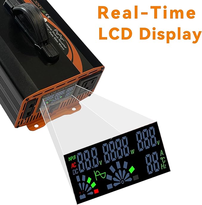 1000W Power Inverter 24V DC to 110V 120V AC Pure Sine Wave Converter LCD Display for Car RV Truck Off Grid Home Solar with Handle