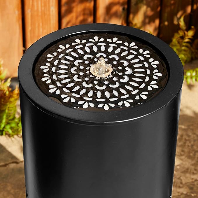 Glitzhome Modern Metal Cutout Water Fountain with Pump, Adapter and LED Light, Black Cutout Bird Bath Garden Outdoor Fountain and Waterfalls, Freestanding Fountains for Patio Backyard Decor, 23.5''H