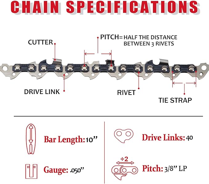 E & S 3 Pack 10 Inch Chainsaw Chain 3/8" LP Pitch .050" Gauge 40 Drive Links Semi-Chisel Chain Saw Chains for Husqvarna, Poulan, Craftsman, Greenworks and More Chainsaw Brands