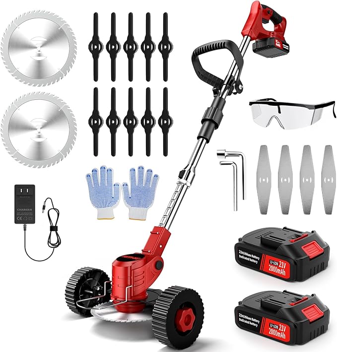 Cordless Electric Weed Wacker, 21V Battery Powered Weed Wacker with 3 Types Blades&2x2.0Ah Battery, Foldable Lightweight Weed Trimmer/Stringless Grass Trimmer/Brush Cutter with for Garden Yard