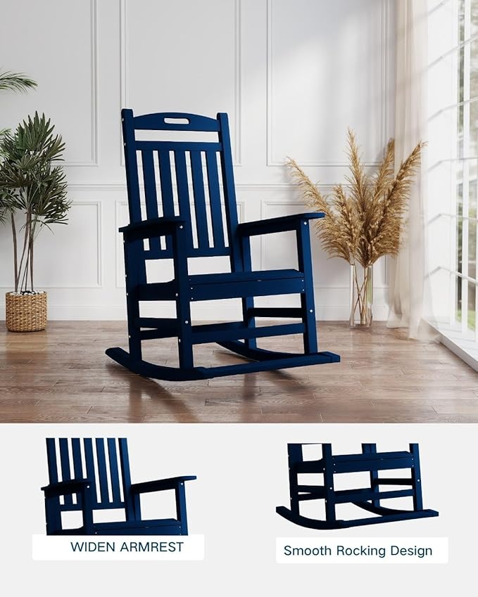 Kingdura Outdoor Rocking Chairs Set of 2, HDPE Plastic Patio Rocking Chair All-Weather Oversized Porch Rocker with High Back for Patio Outside Backyard Balcony (Navy Blue)