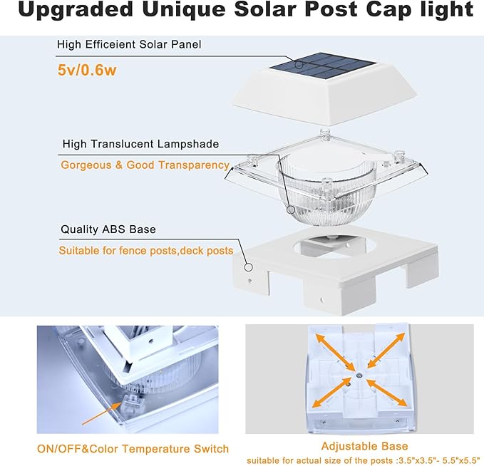 INDARUN Post Lights Solar Powered, Fence Deck Post Solar Lights Fit 4x4 5x5 6x6 Wood Posts/Vinyl 4x4 Post Caps, Outdoor Post Lights with 2 Colors Modes, 120Lumen, for Patio/Porch/Backyard Decor